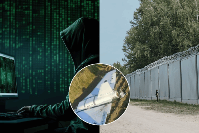 Na zdjęciu widać: Mur, dron i hakera