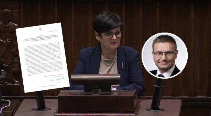 Obrazek przedstawia Lidie Burzyńska na sejmowej mownicy.