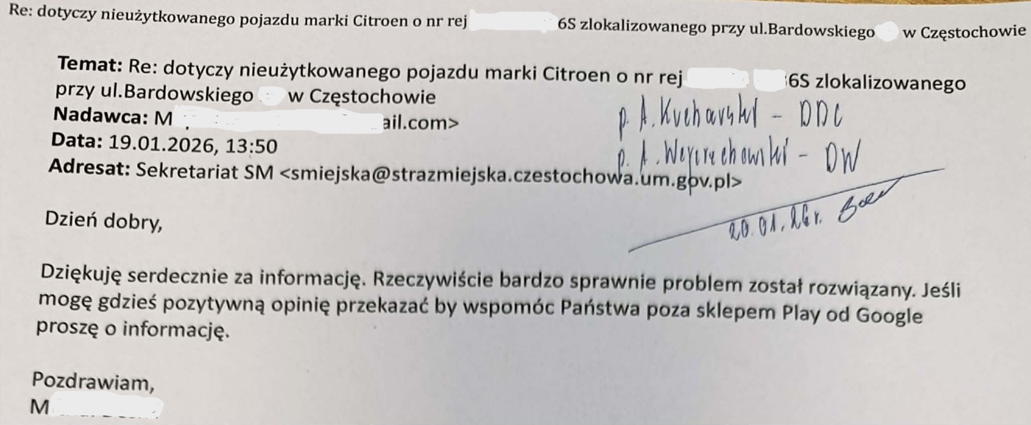 Podziękowania za usunięcie wraku auta w Częstochowie
