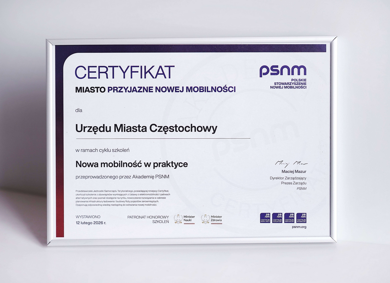 Częstochowa z certyfikatem „Miasto Przyjazne Nowej Mobilności”